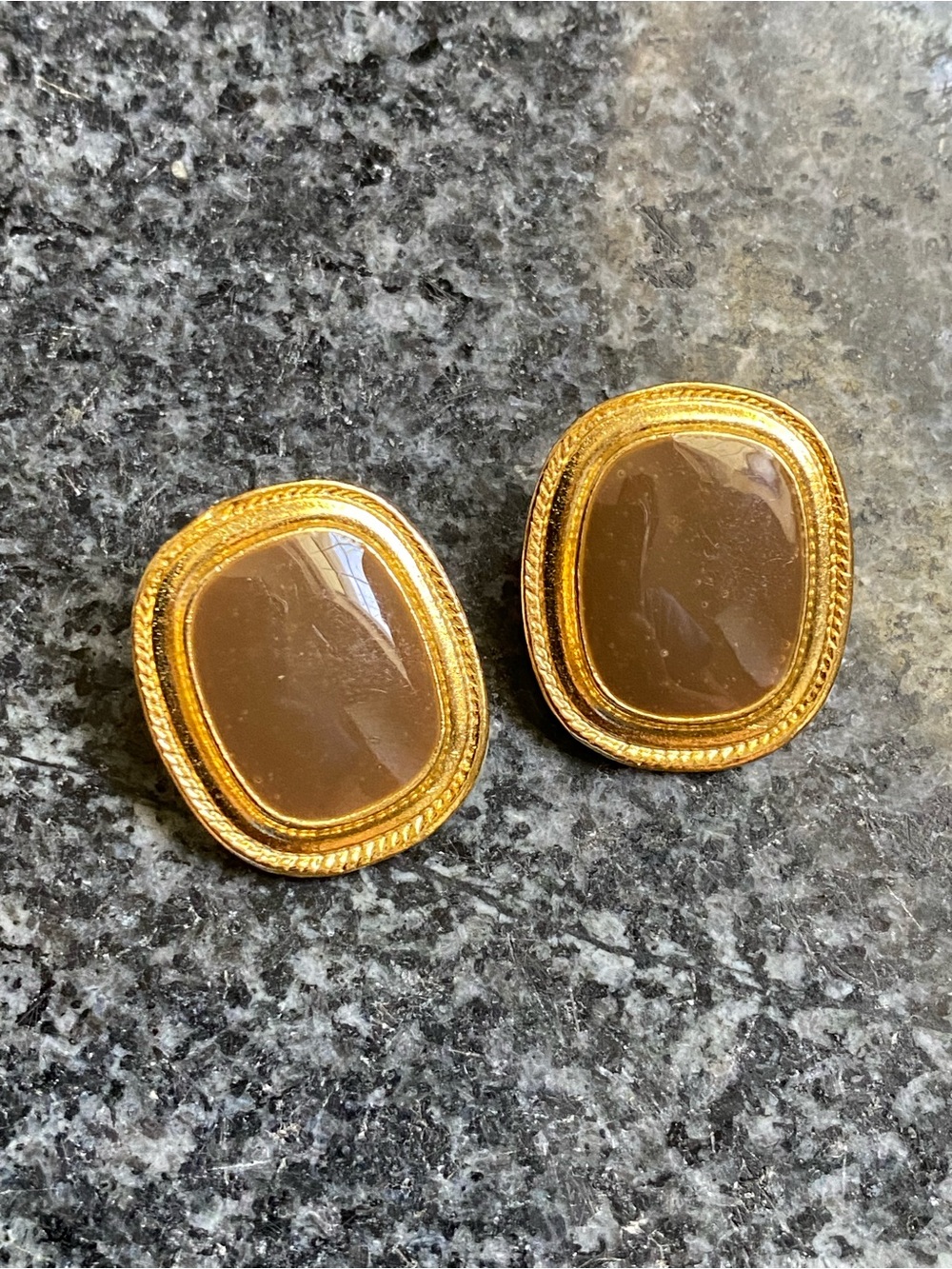 Classic Vintage Clip On Earrings with Taupe Cabochon Center